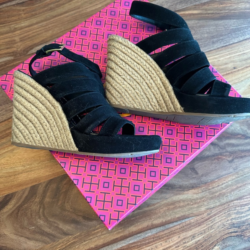 Tory Burch Black Suede Bailey Multi-strap 110mm Wedge Espadrille